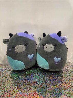 Squishmallows Gray, Purple & Teal Cow Plush Pair. Smithereens is their name.